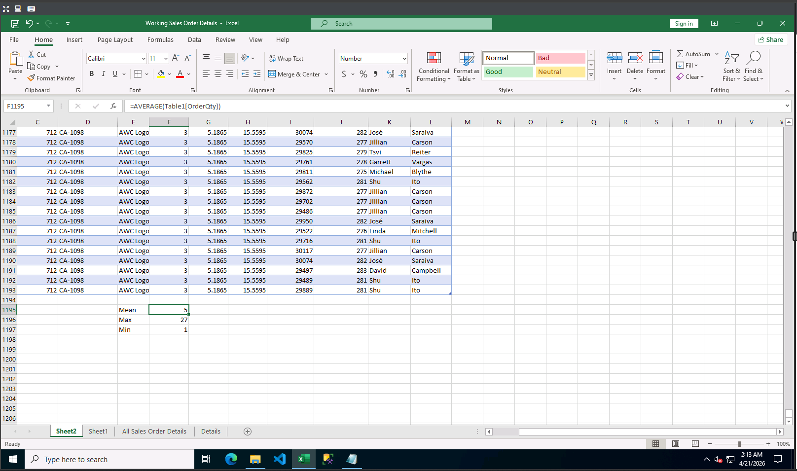 แสดงการพิมพ์สูตร Average, Max, Min